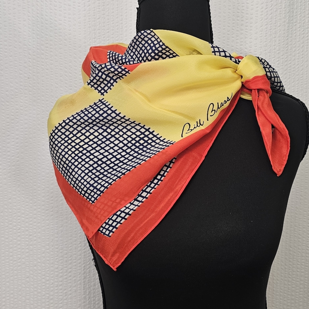 Bill Blass Red and Yellow Checkered Scarf 100% Silk Handrolled